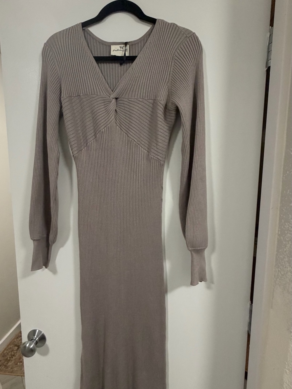 Freshman 1996 Taupe Twist-Front Ribbed Long Sleeve Dress